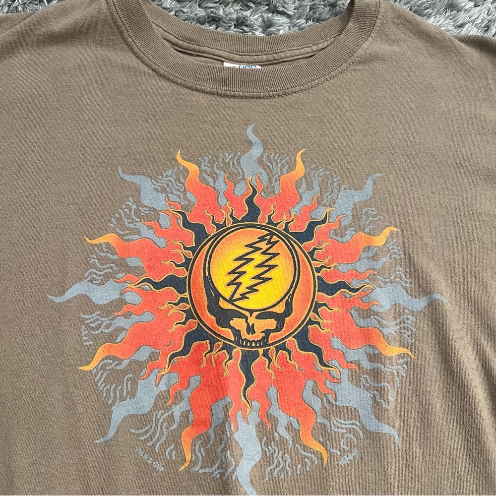 Gildan Brown Tee with Sun and Lightning Graphic